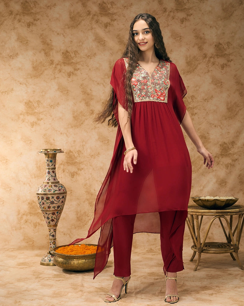 Embroidered yoke kaftan set - Red