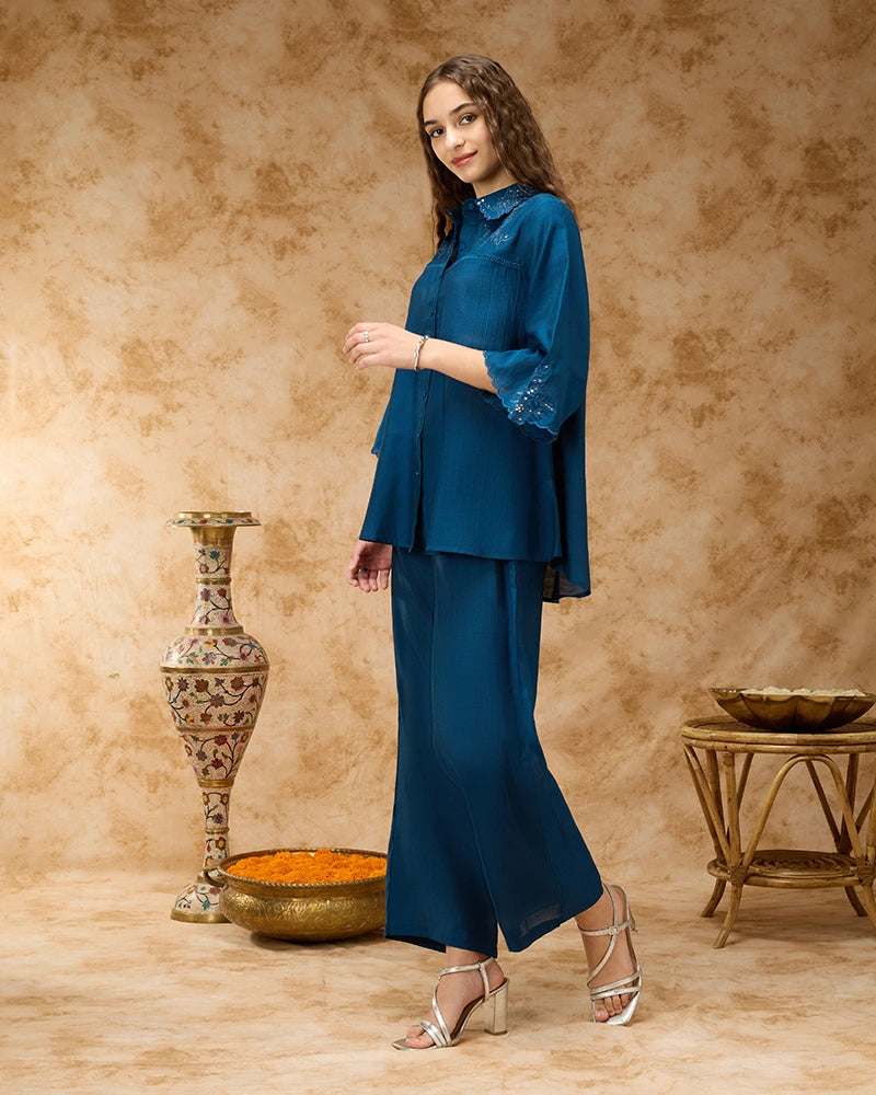 Shirt Collar Co-ord Set with Tonal Embroidery & Lace Inserts - Blue