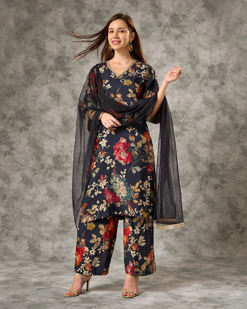 A-line All Over Floral Printed Kurta Set with Pant & Dupatta - Blue