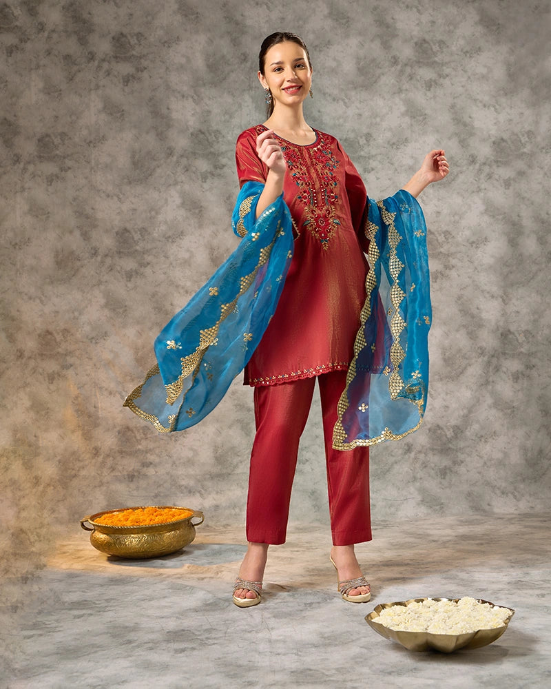 Round Neck Kurta Set - Fushcia