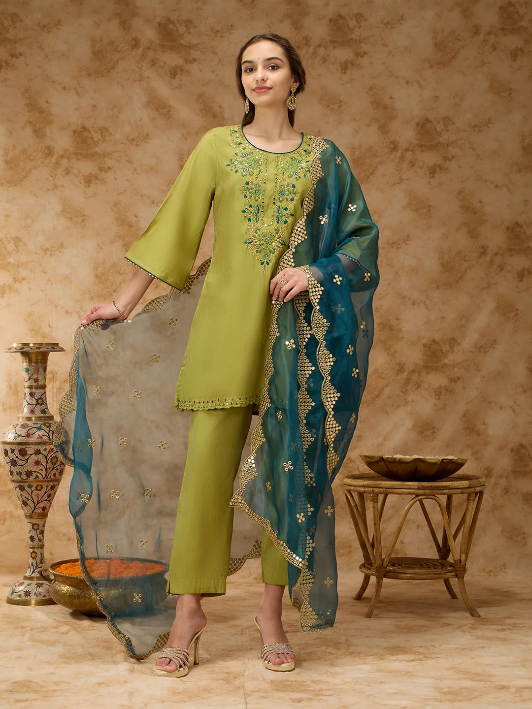Round-Neck Embroidered Kurta Set with Pant and Dupatta - Lime
