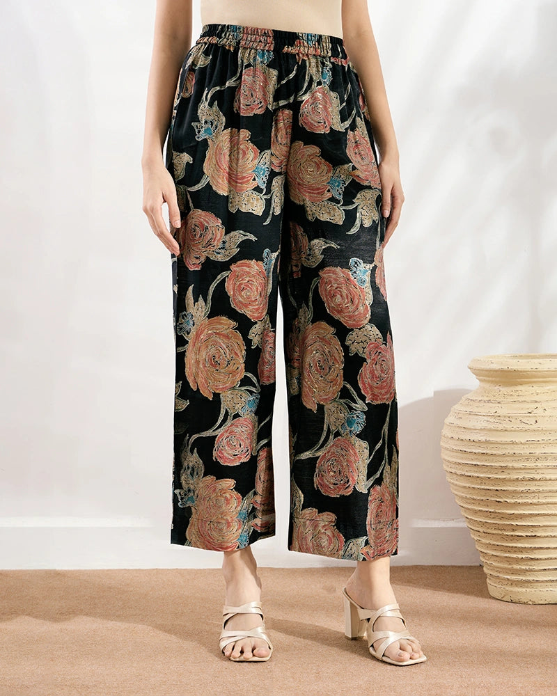 Black Printed V-Neck Kurta Set with Embroidered Neckline for Women
