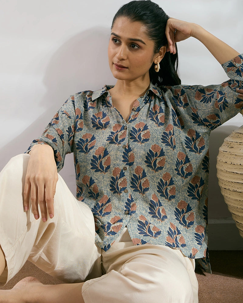 Navy Blue Modal Printed Boxy Fit Shirt for Women