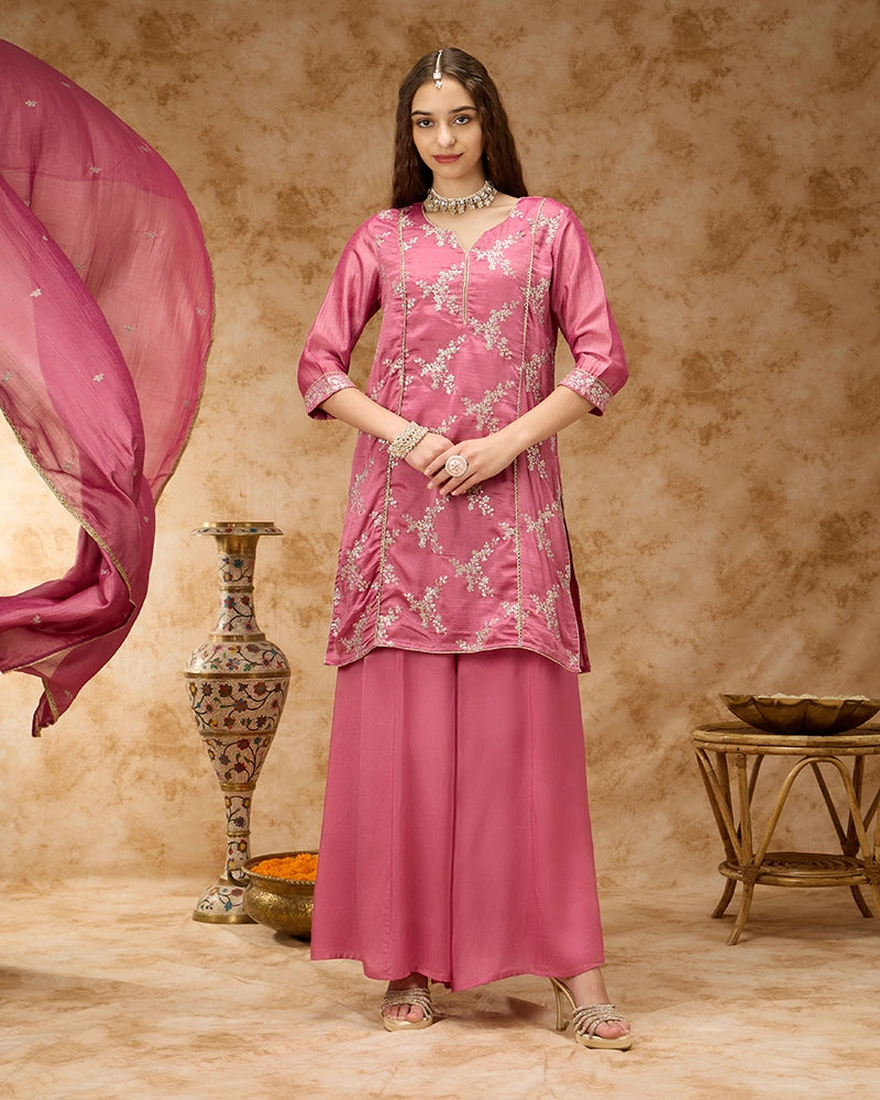 Round Neck Zari Embroidered Kurta Set with Wide Leg Pant and Dupatta - Pink