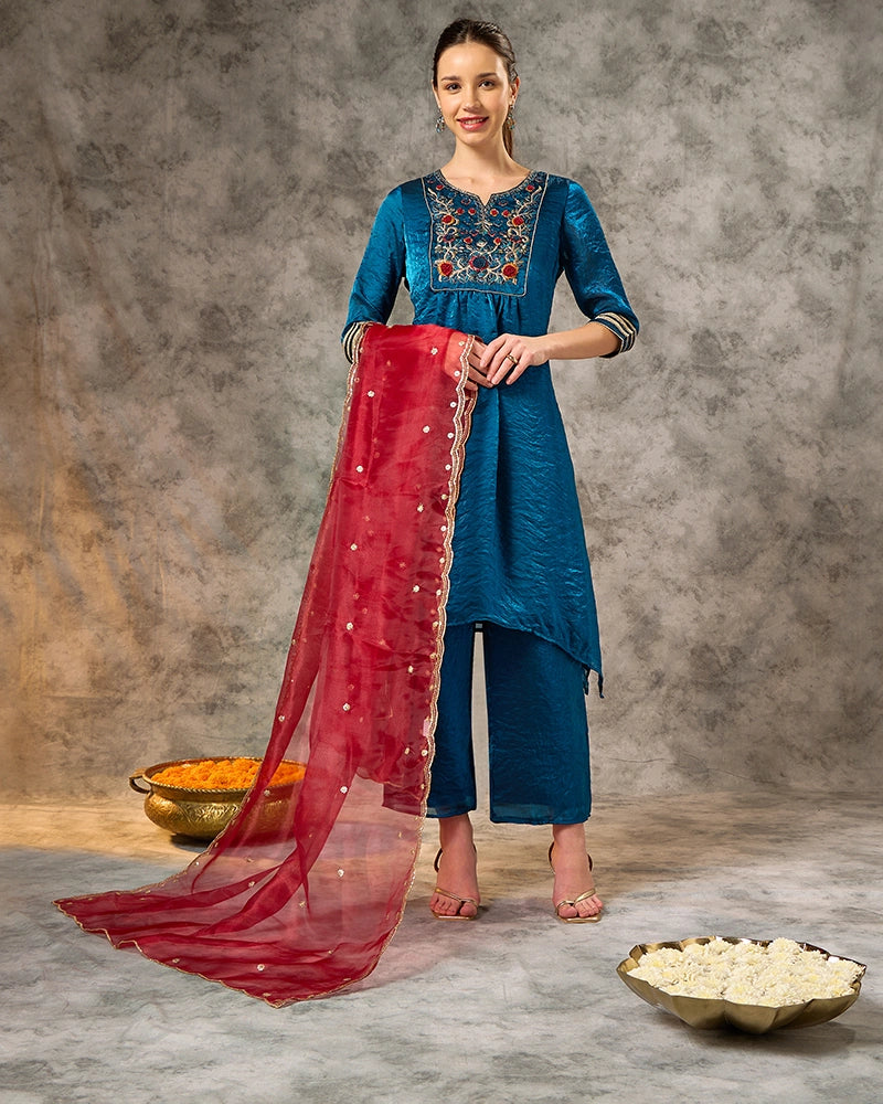 Embroidered Kurta Set with Pant and Dupatta - Mid Blue