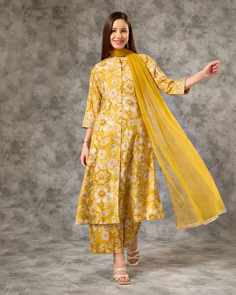 Zari Embroidered All over Printed Mandarin Neck Kurta Set with Pant and Dupatta - Yellow