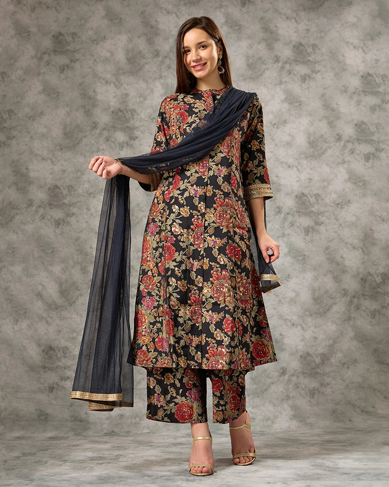 Zari Embroidered All over Printed Mandarin Neck Kurta Set with Pant and Dupatta - Black