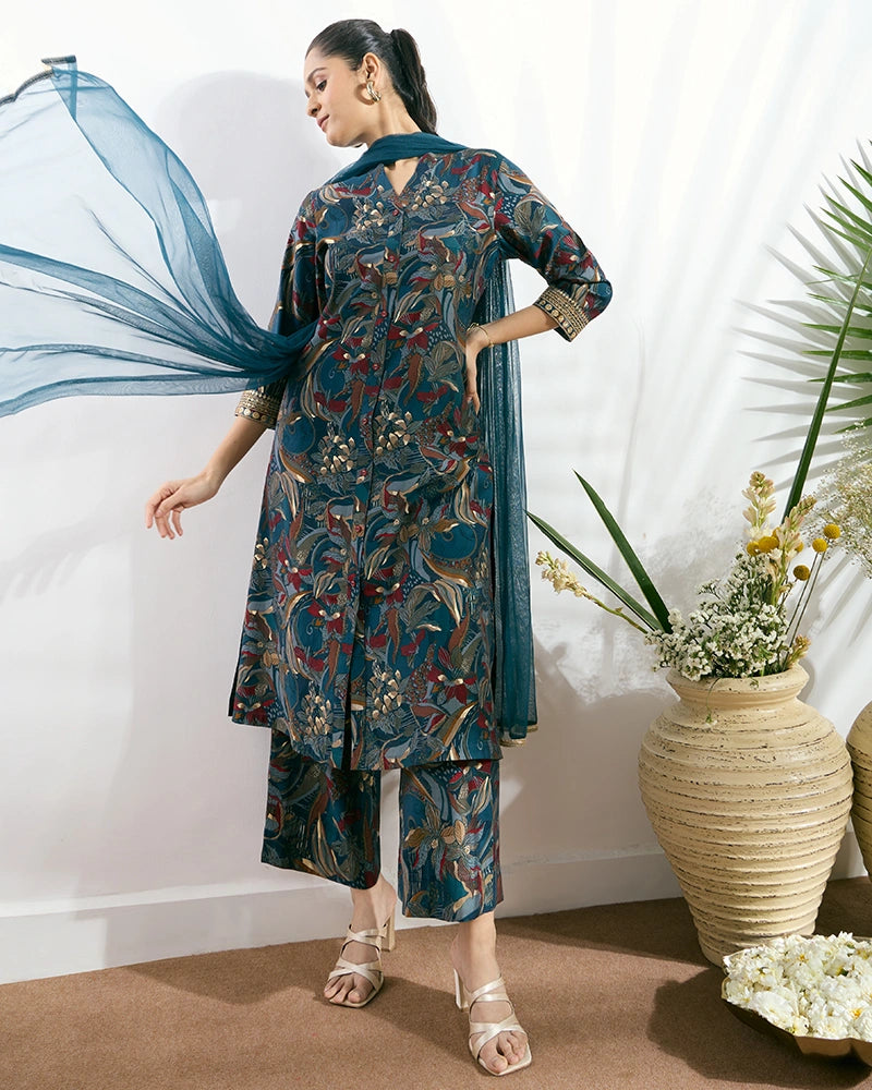 Blue Printed Button-Down Kurta Set with Dupatta for Women