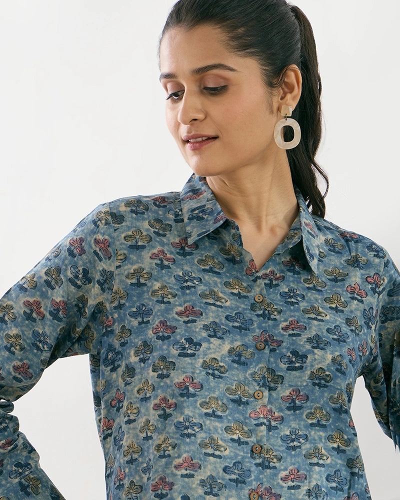 Blue Viscose Printed Regular Fit Shirt for Women