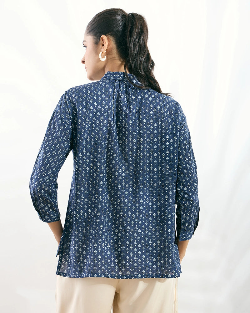 Navy Blue Viscose Printed Boxy Fit Shirt for Women