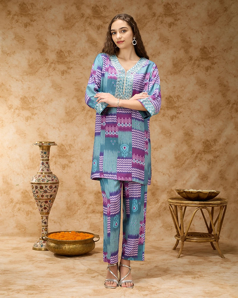 Ikkat Printed Co-ord Set with Mirror Embroidered Yoke