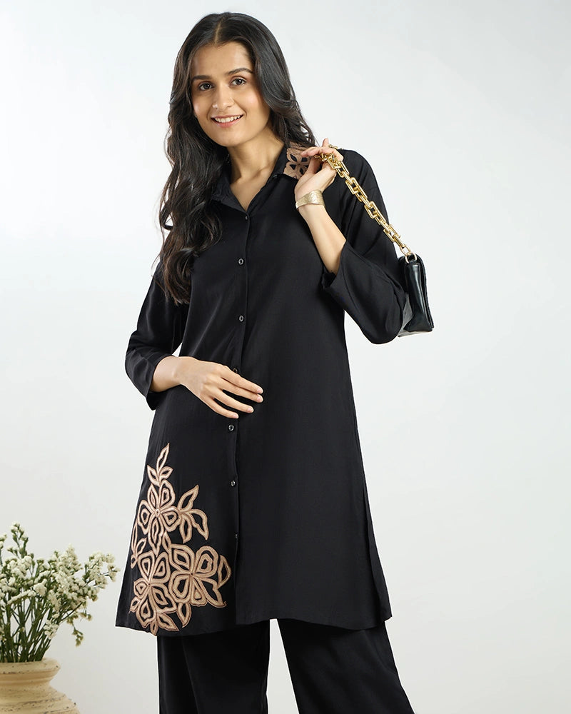 Black Placement Embroidered A-Line Co-ord Set for Women