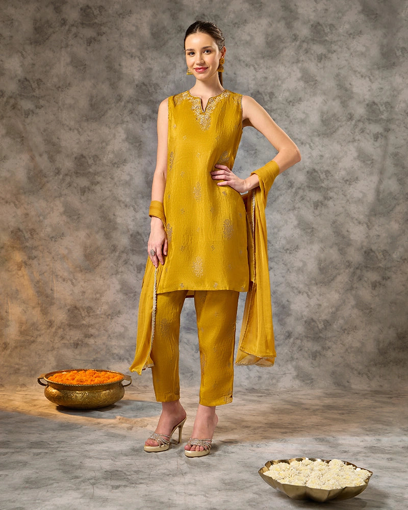 Brocade Kurta Set - Yellow