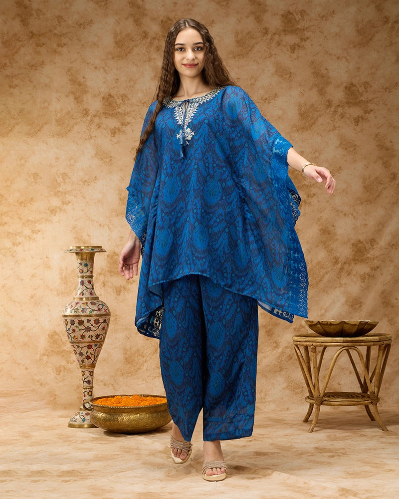 All Over Printed Tie Up Neck Kaftan Co-Ord Set - Navy