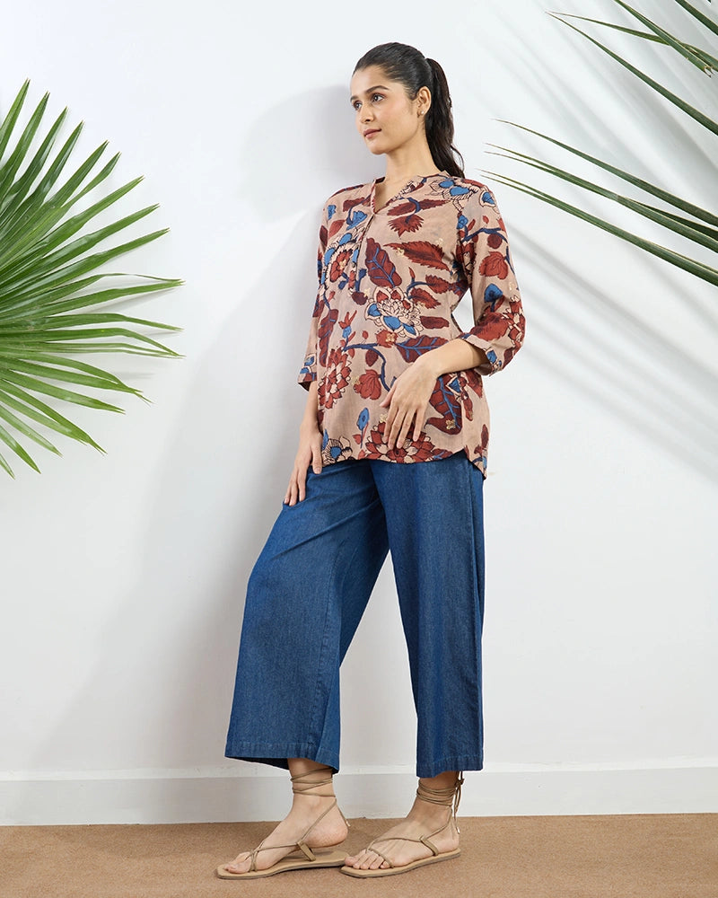Beige Printed Viscose Tunic for Women