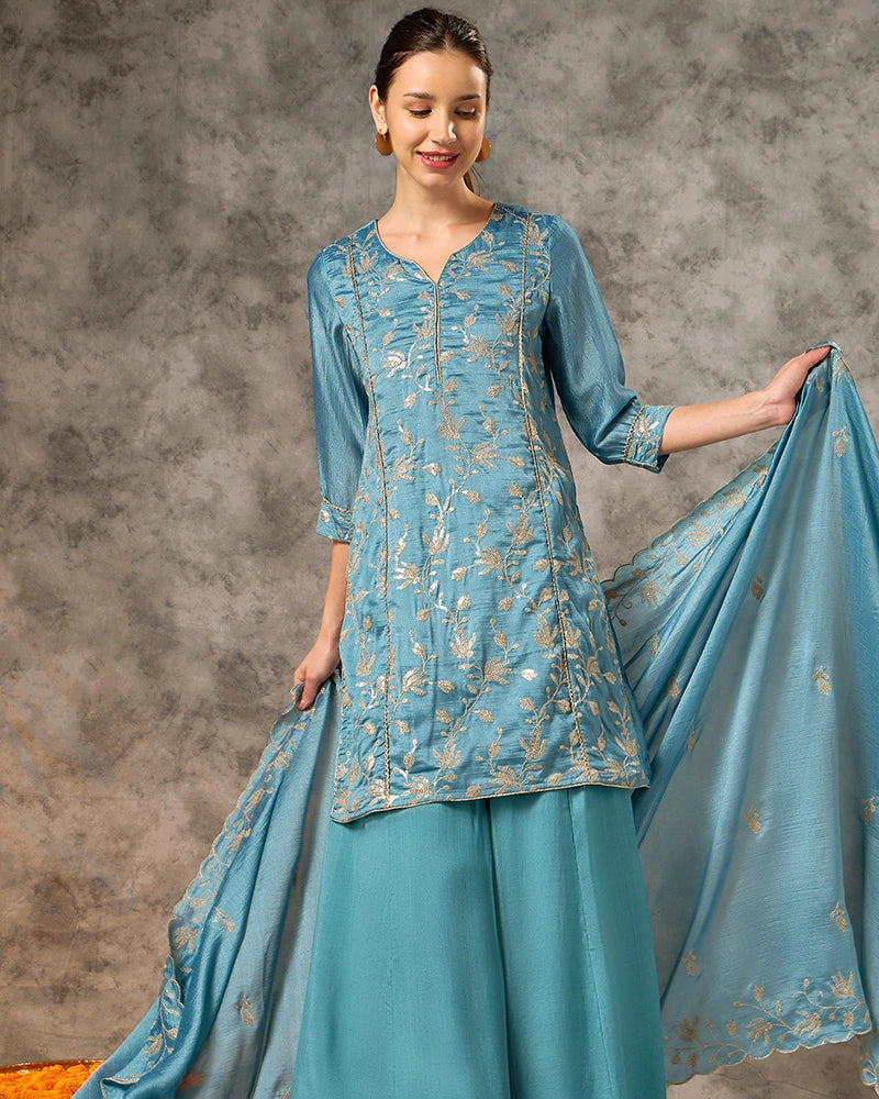 Embroidered Round Neck Kurta Set with Wide Pant and Dupatta - Teal
