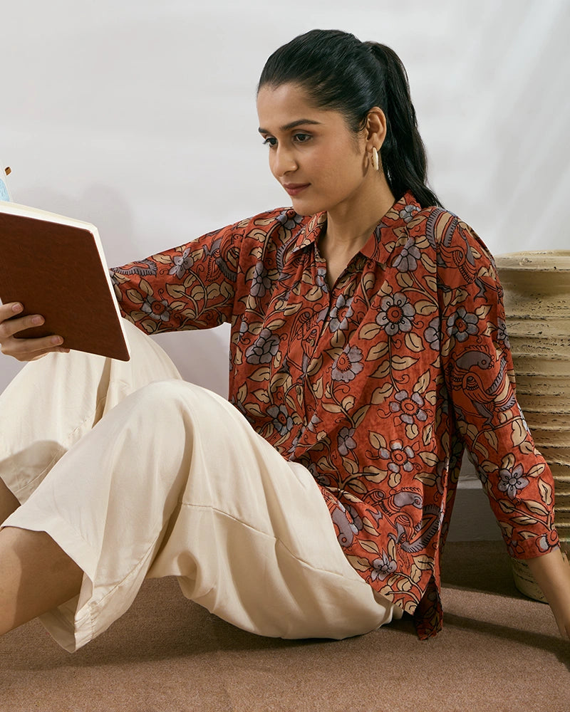 Rust Modal Printed Boxy Fit Shirt for Women