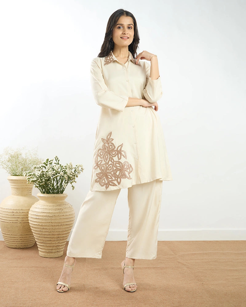 Off-White Placement Embroidered A-Line Co-ord Set for Women