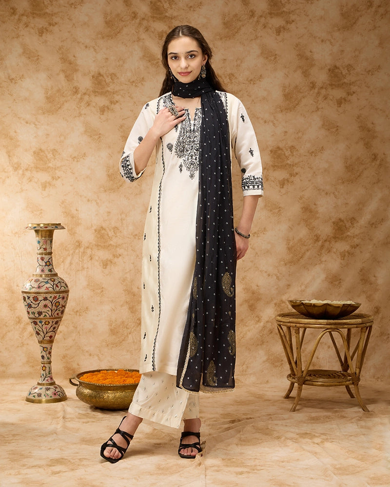 Round Neck A-line Embroidered Kurta Set with Pant & Dupatta - Off White