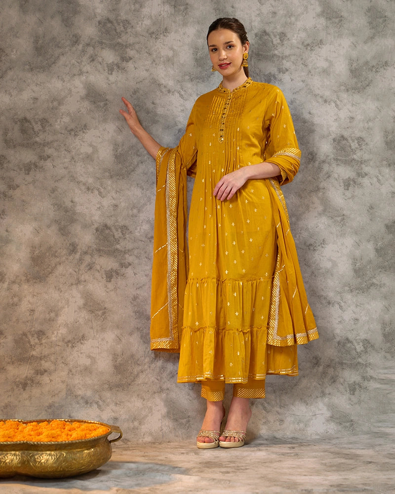 Foil Printed Kurta Set with Pant and Dupatta - Mustard