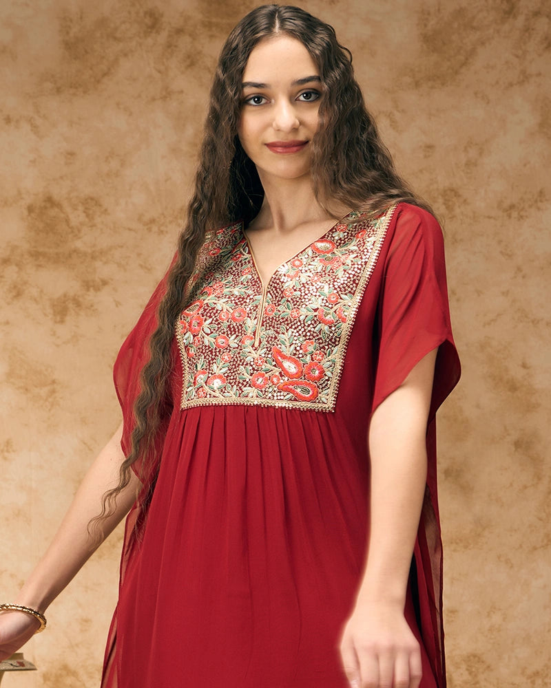 Embroidered yoke kaftan set - Red