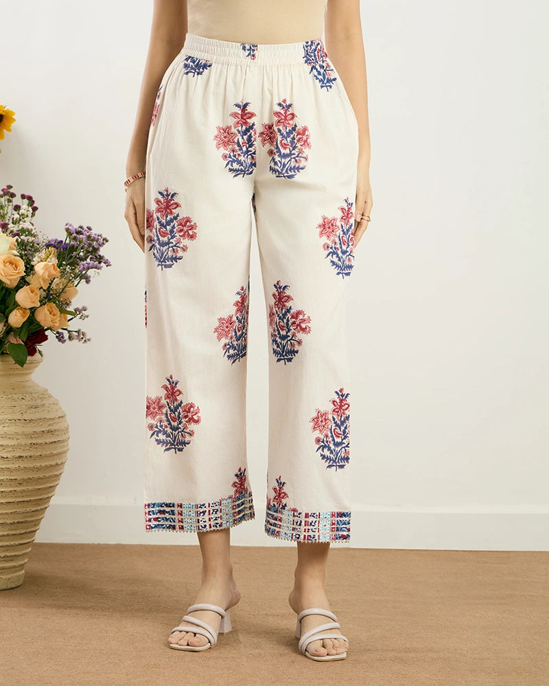 Off-White Butta Printed V-Neck Co-ord Set for Women
