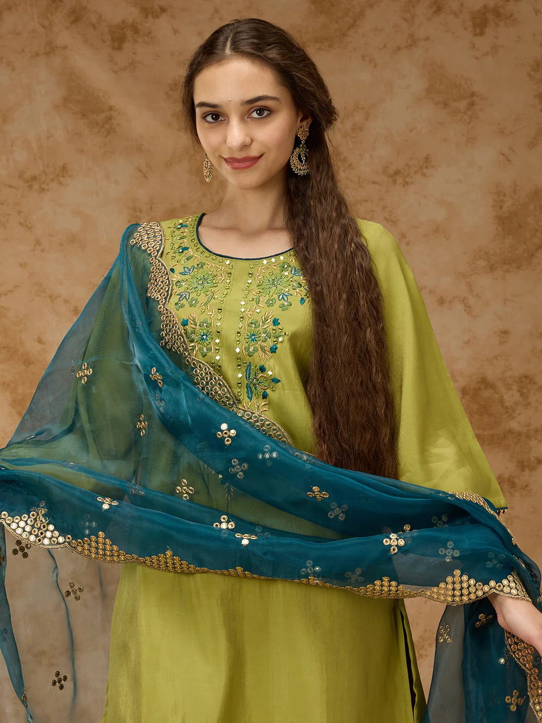 Round-Neck Embroidered Kurta Set with Pant and Dupatta - Lime
