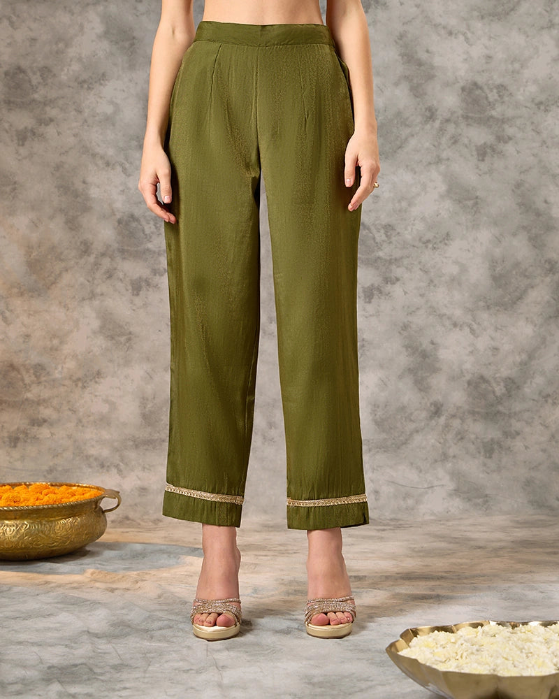 A-Line Embroidered Yoke Kurta Set with Pant and Dupatta - Lime