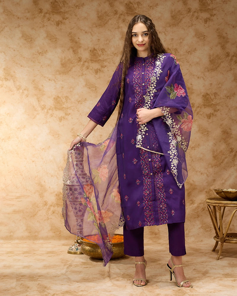 A-line Embroidered Kurta Set with Pant & Dupatta - Purple