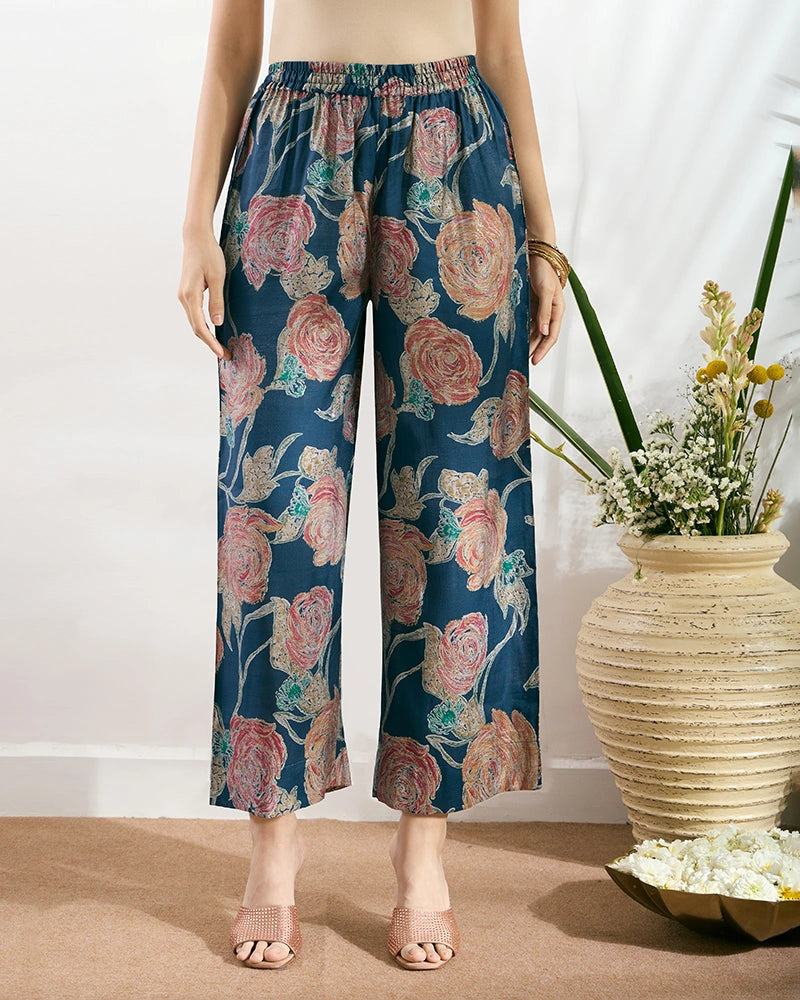 Navy Blue Printed V-Neck Kurta Set with Embroidered Neckline for Women