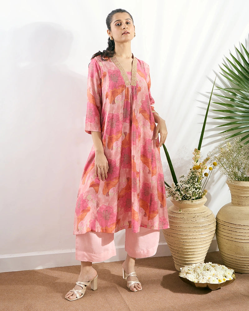 Pink V-Neck Zari Embroidered Kurta Set for Women