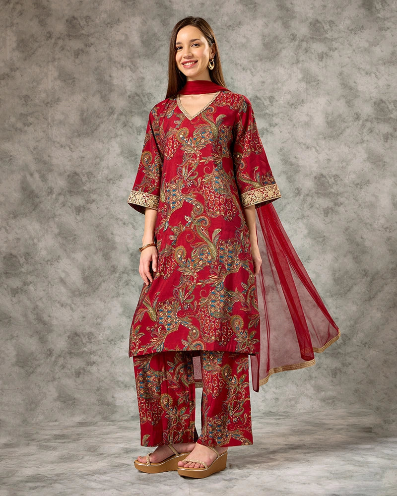 A-line Printed kurta set - Red