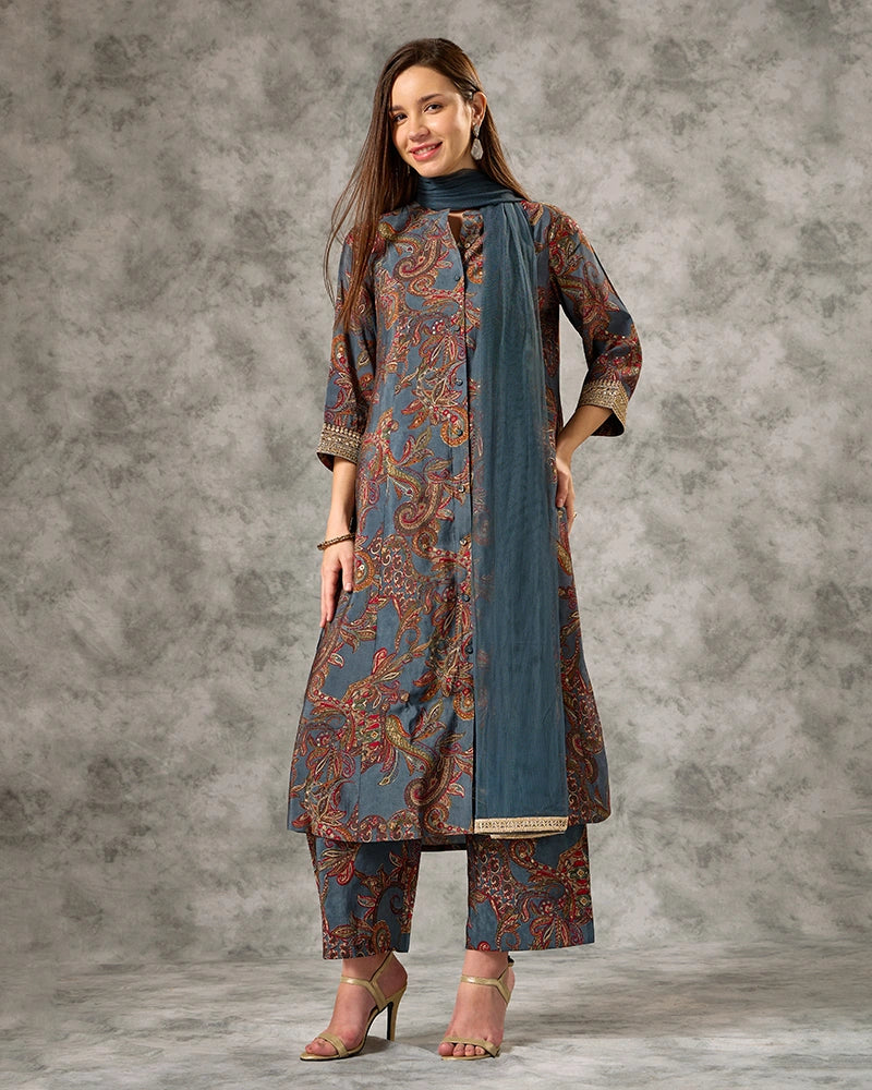 Zari Embroidered All over Printed Mandarin Neck Kurta Set with Pant and Dupatta - Blue
