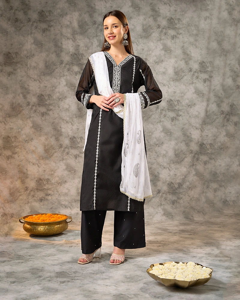 V-Neck Embroidered Kurta Set with Pant and Dupatta - Black