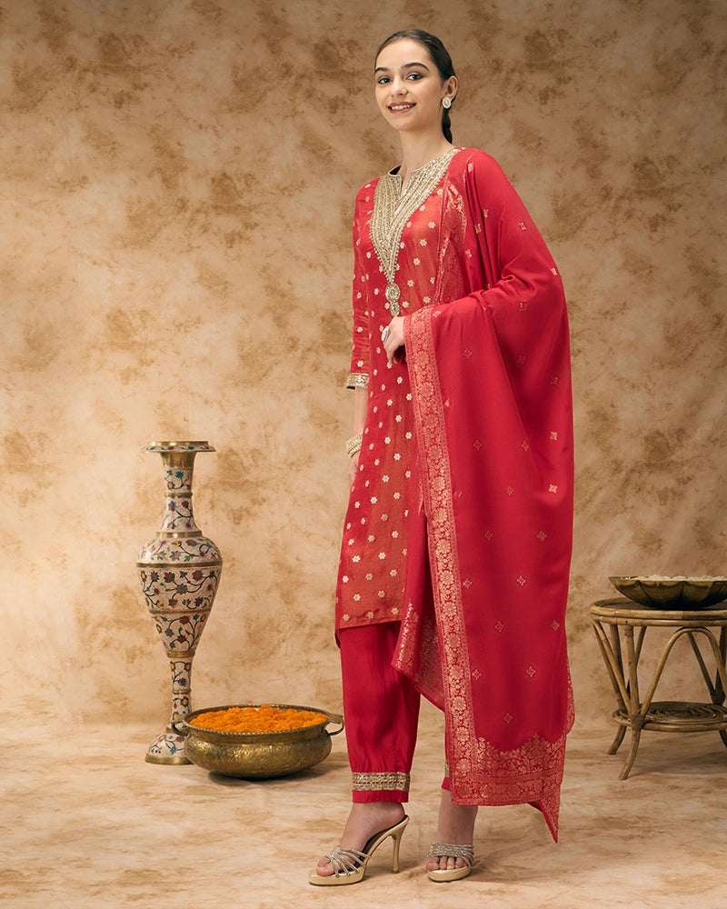 Asymmetric Brocade Kurta Set - Red