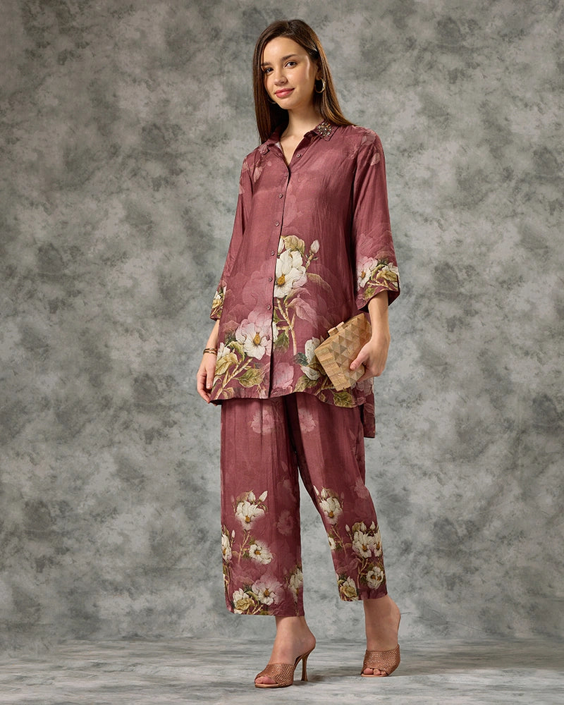 Floral Printed Modal Embroidered Collar Neck Top with Pant Co-Ord Set - Brown