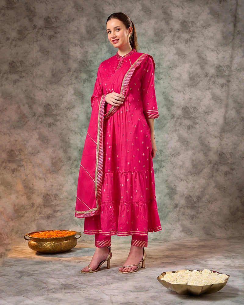 Foil Printed Kurta Set with Pant with Dupatta - Fuschia