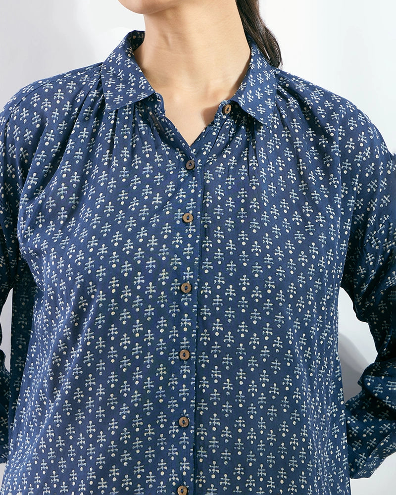Navy Blue Viscose Printed Boxy Fit Shirt for Women