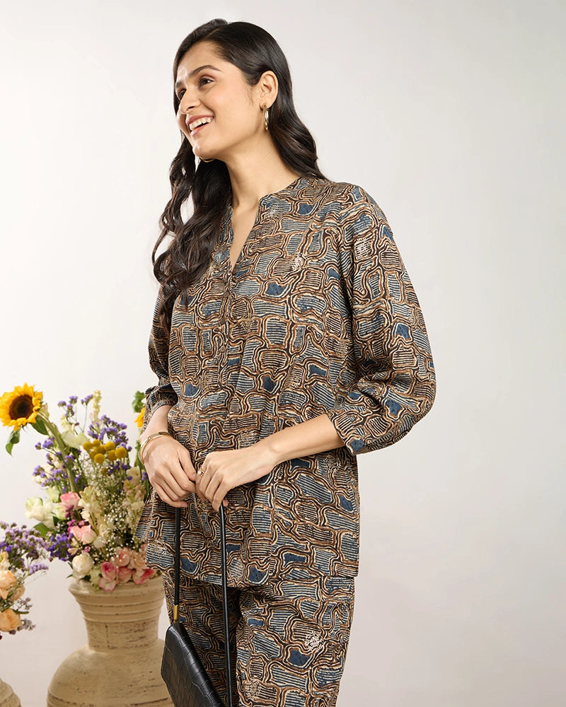 Blue Printed Y-Placket Co-ord Set for Women
