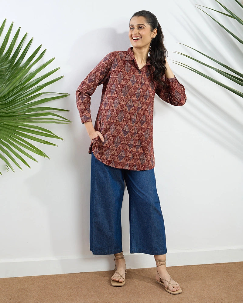 Red Viscose Printed Regular Fit Shirt for Women