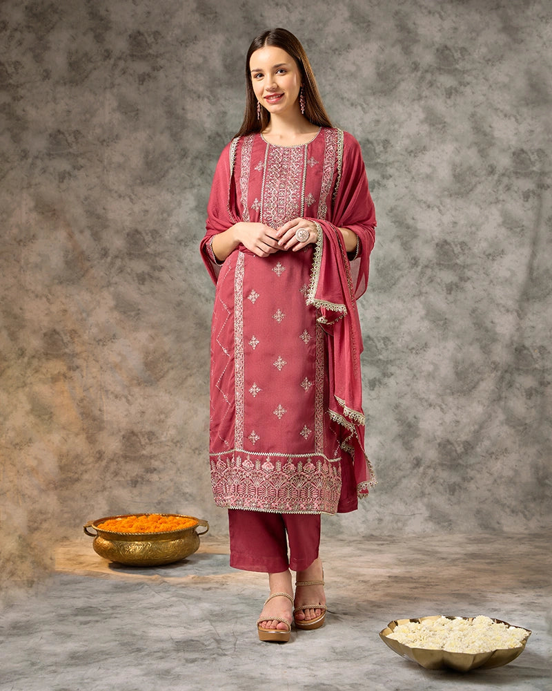 Placement Embroidered Round Neck Kurta Set with Pant and Dupatta - Pink
