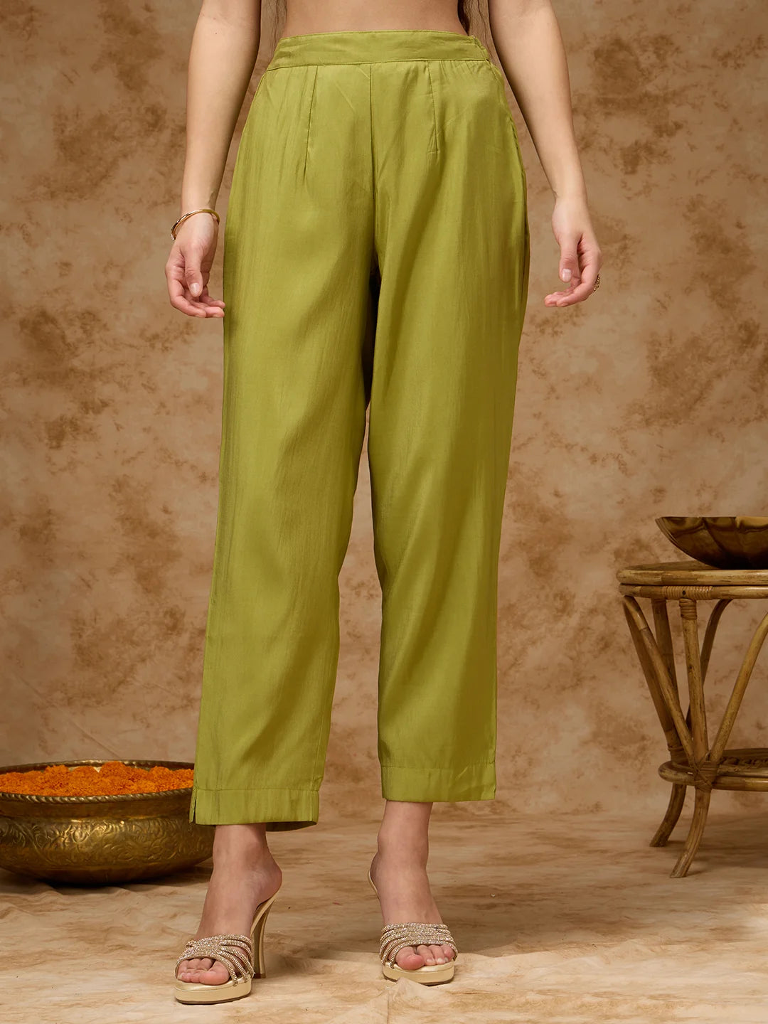 Round-Neck Embroidered Kurta Set with Pant and Dupatta - Lime