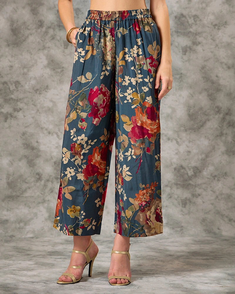 Zari Embroidered All over Printed Mandarin Neck Kurta Set with Pant and Dupatta - Blue