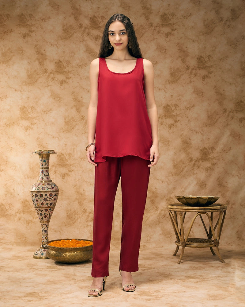 Embroidered yoke kaftan set - Red
