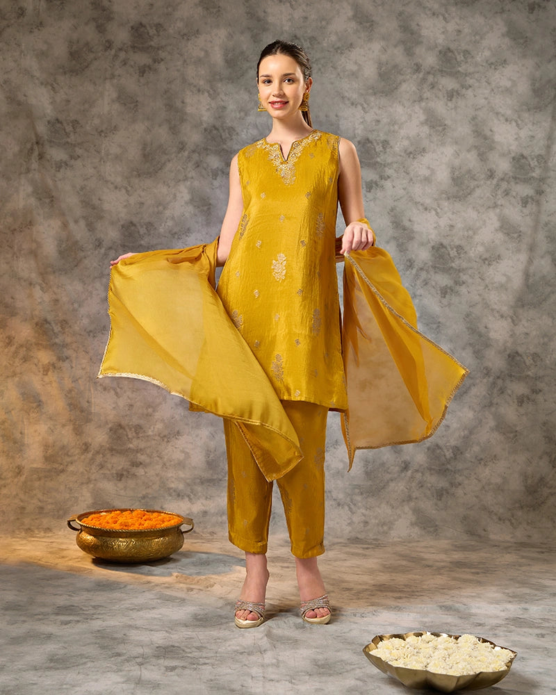Brocade Kurta Set - Yellow