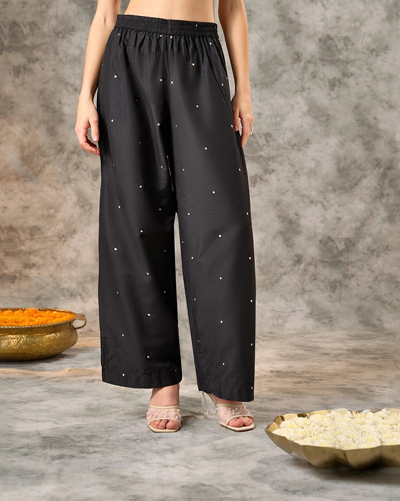 V-Neck Embroidered Kurta Set with Pant and Dupatta - Black