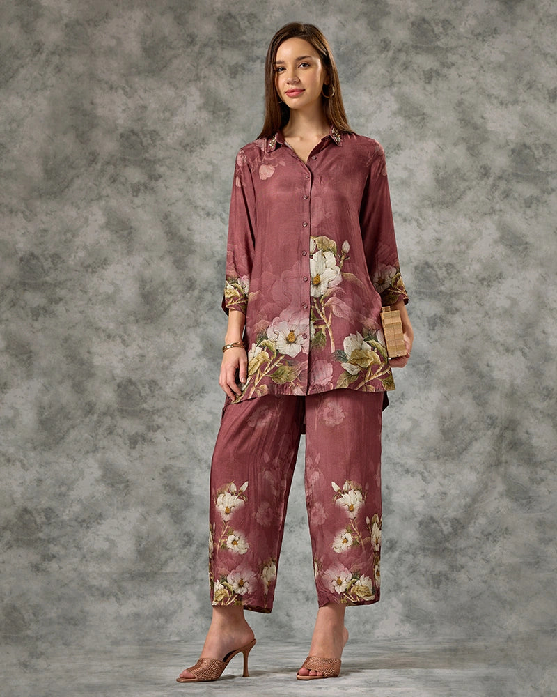 Floral Printed Modal Embroidered Collar Neck Top with Pant Co-Ord Set - Brown