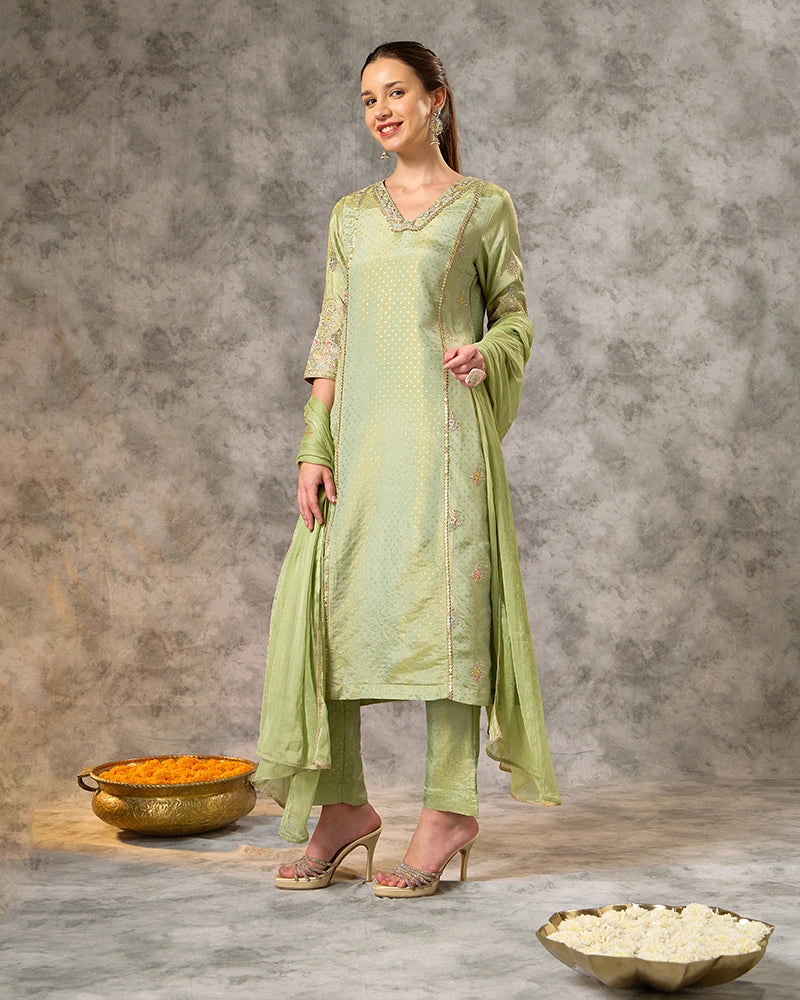 A-line embroidered kurta set - Sage Green