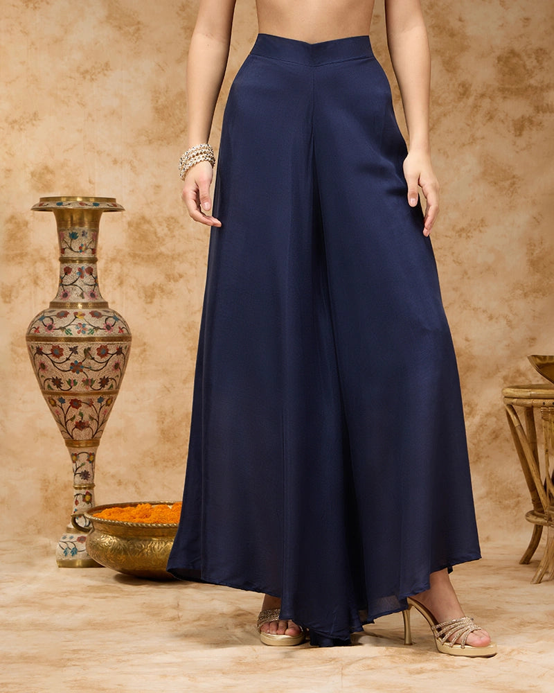 Sleeveless Brocade Kurta Set with Wide Leg Pant and Dupatta - Navy
