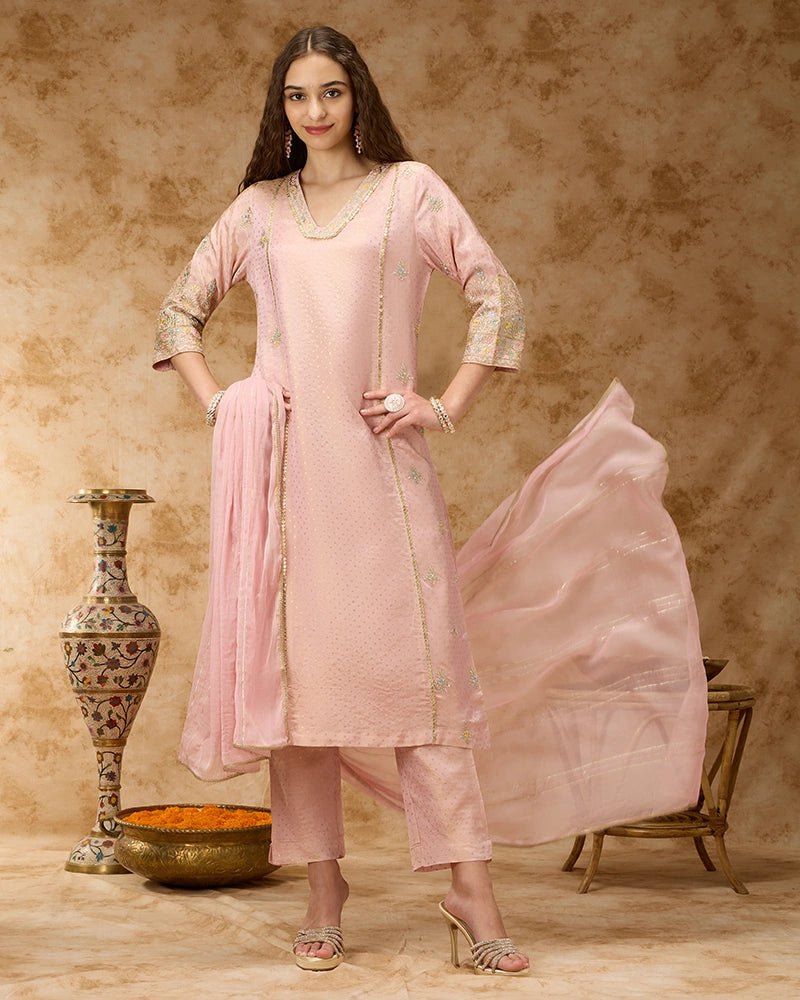 A-line Embroidered Kurta Set with Pant and Dupatta- Blush Pink